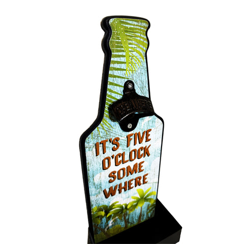 It's Five O'Clock Somewhere" Metal Wall-Mounted Bottle Opener with Cap Catcher