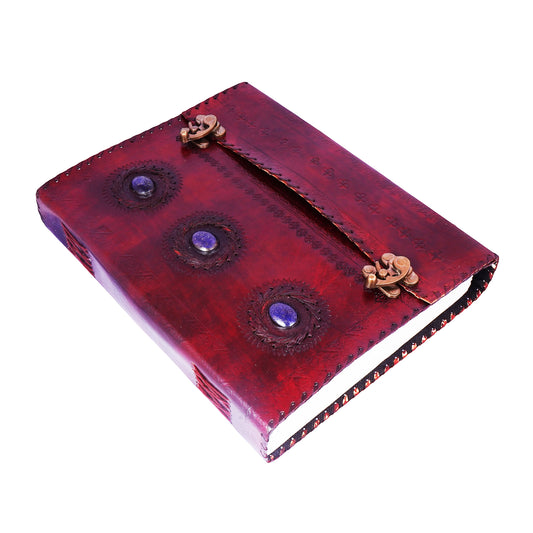 Large Triple Blue Stone Embossed Leather Journal – Handmade Leather-Bound Notebook with Double Swing Clasps