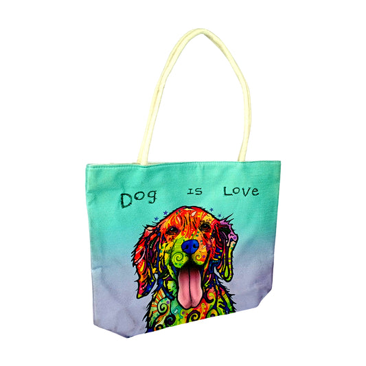 Techno Jute “Dog Is Love” Tote Bag – 15" Eco - Friendly Canvas Shopping Bag with Colorful Art