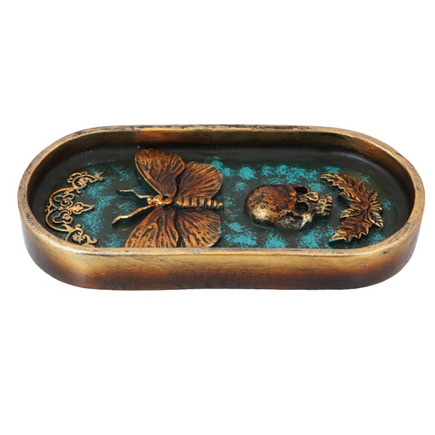 Moth and Skull Incense Burner – 6.5 x 3.5 Inch Hand-Painted Cold Cast Resin Holder