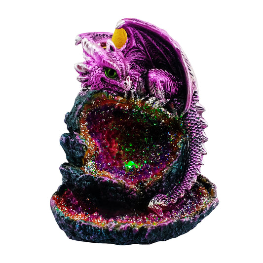 Purple Baby Dragon Backflow Incense Burner LED Geode 6" for Home Décor ,Yoga