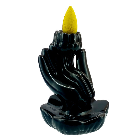Lotus in Hand Black Ceramic Backflow Incense Burner – 3.5 Inch