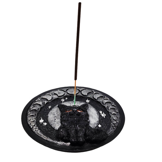 Moon Cat Polyresin Round Incense Burner – 5 Inch Magical Pentagram Design