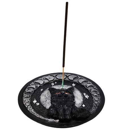 Moon Cat Polyresin Round Incense Burner – 5 Inch Magical Pentagram Design