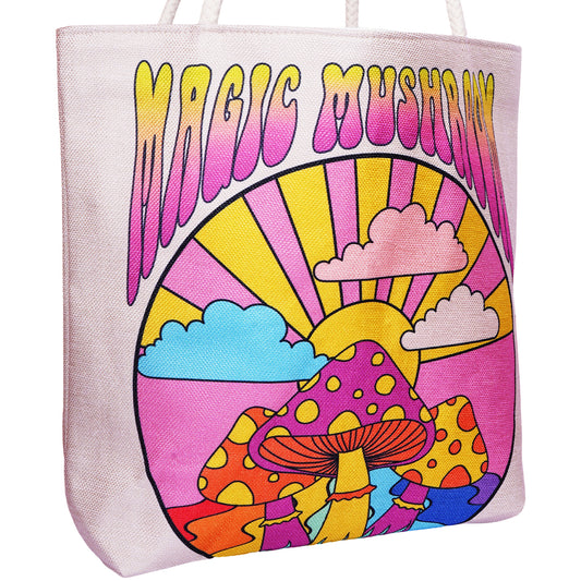 Magic Mushroom Techno Jute Tote Bag 17 x 15 x 4.5 Inch | Eco-Friendly Reusable Shopping Shoulder Bag