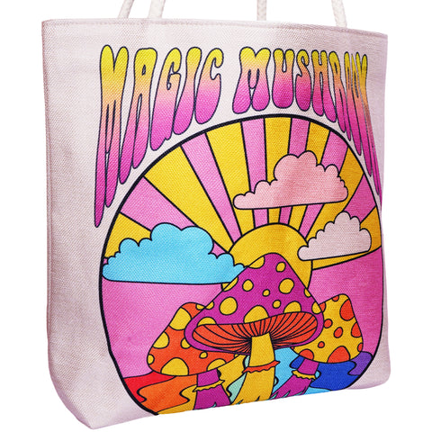 Magic Mushroom Techno Jute Tote Bag 17 x 15 x 4.5 Inch | Eco-Friendly Reusable Shopping Shoulder Bag