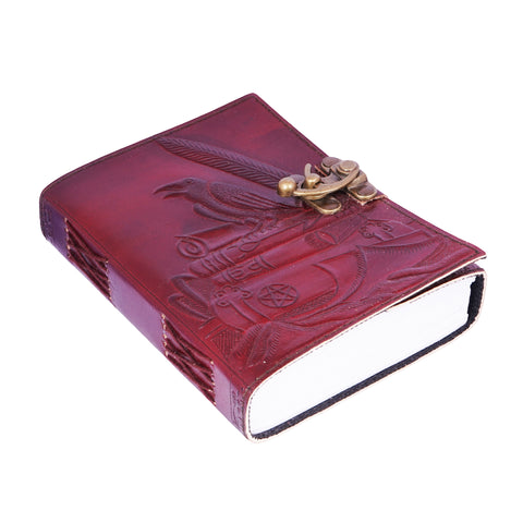 Raven on Books Design Embossed Leather Journal , 5x7 Inch Handmade Notebook