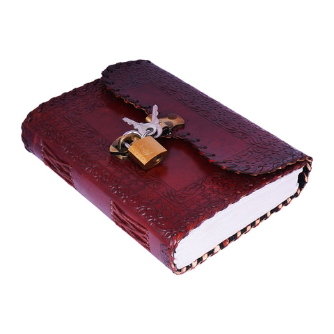 Stitched Lock and Key Embossed Leather Journal – 5 x 7 Inch Multicolor Handmade Leather Notebook with Lock & Key