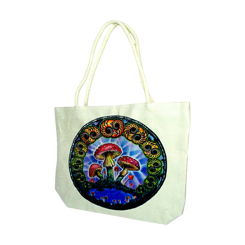 DuBois Mushrooms Design Jute Rope Handled Tote Bag – 16" x 15" x 5" Eco-Friendly Canvas Shopping Bag