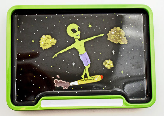 Alien Tin Rolling Tray Box – 8 x 5 3/4 x 1 1/14 Inch Metal Storage Tray with Recessed Storage Space