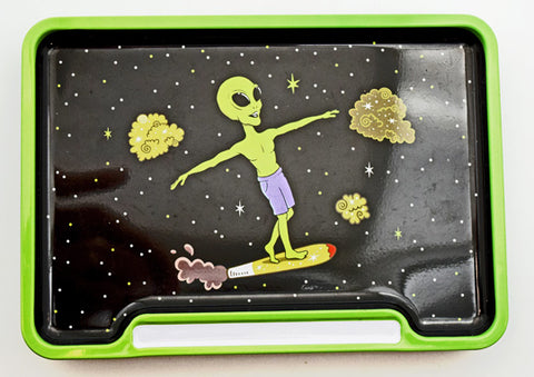 Alien Tin Rolling Tray Box – 8 x 5 3/4 x 1 1/14 Inch Metal Storage Tray with Recessed Storage Space