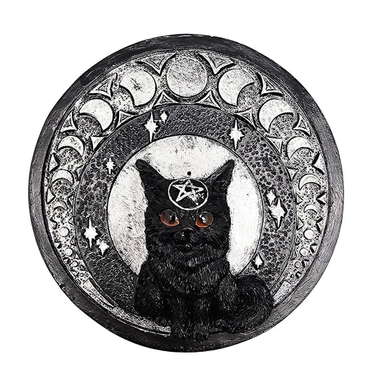 Moon Cat Polyresin Round Incense Burner – 5 Inch Magical Pentagram Design