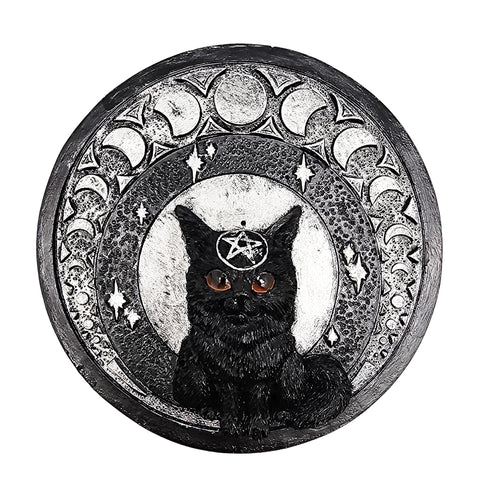 Moon Cat Polyresin Round Incense Burner – 5 Inch Magical Pentagram Design