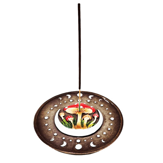 Mushroom & Moon Incense Burner – 5 Inch Round Hand - Painted Resin Holder