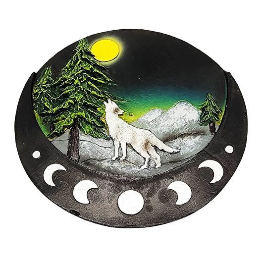 Round Wolf & Moon Incense Burner – 5 Inch Hand - Painted Cold Cast Resin Holder