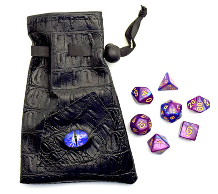 7 Gaming Dice Set with Black Embossed PVC Bag – Purple Eye Dice Pouch