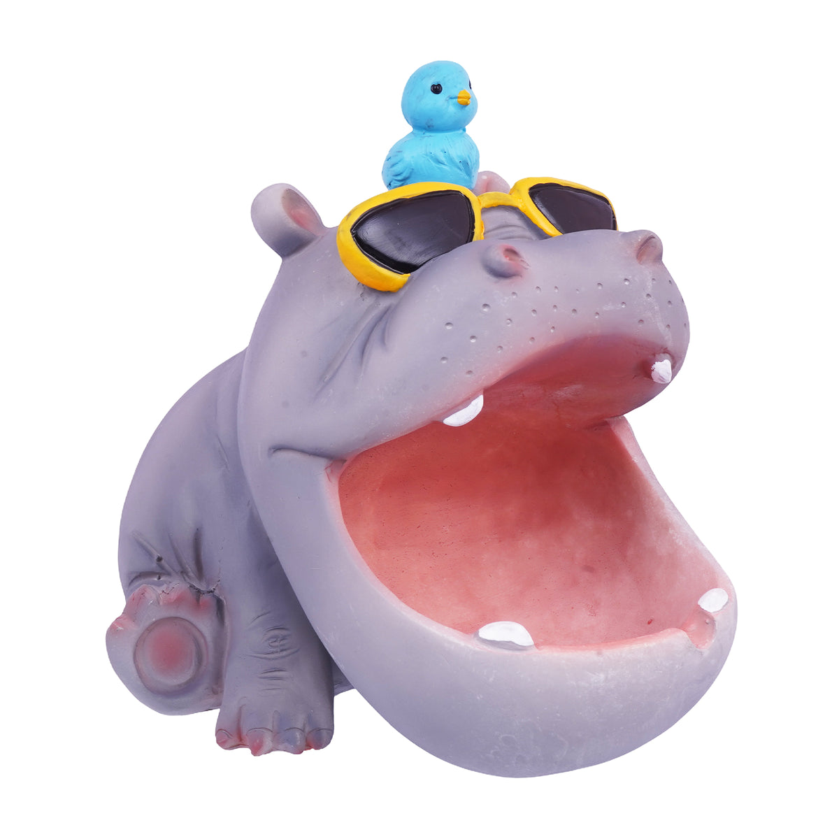 BIG Cool Hippo Ashtray with Bird on Head – 5.5 x 4 x 3.5 Inch Hand-Painted Cold Cast Resin