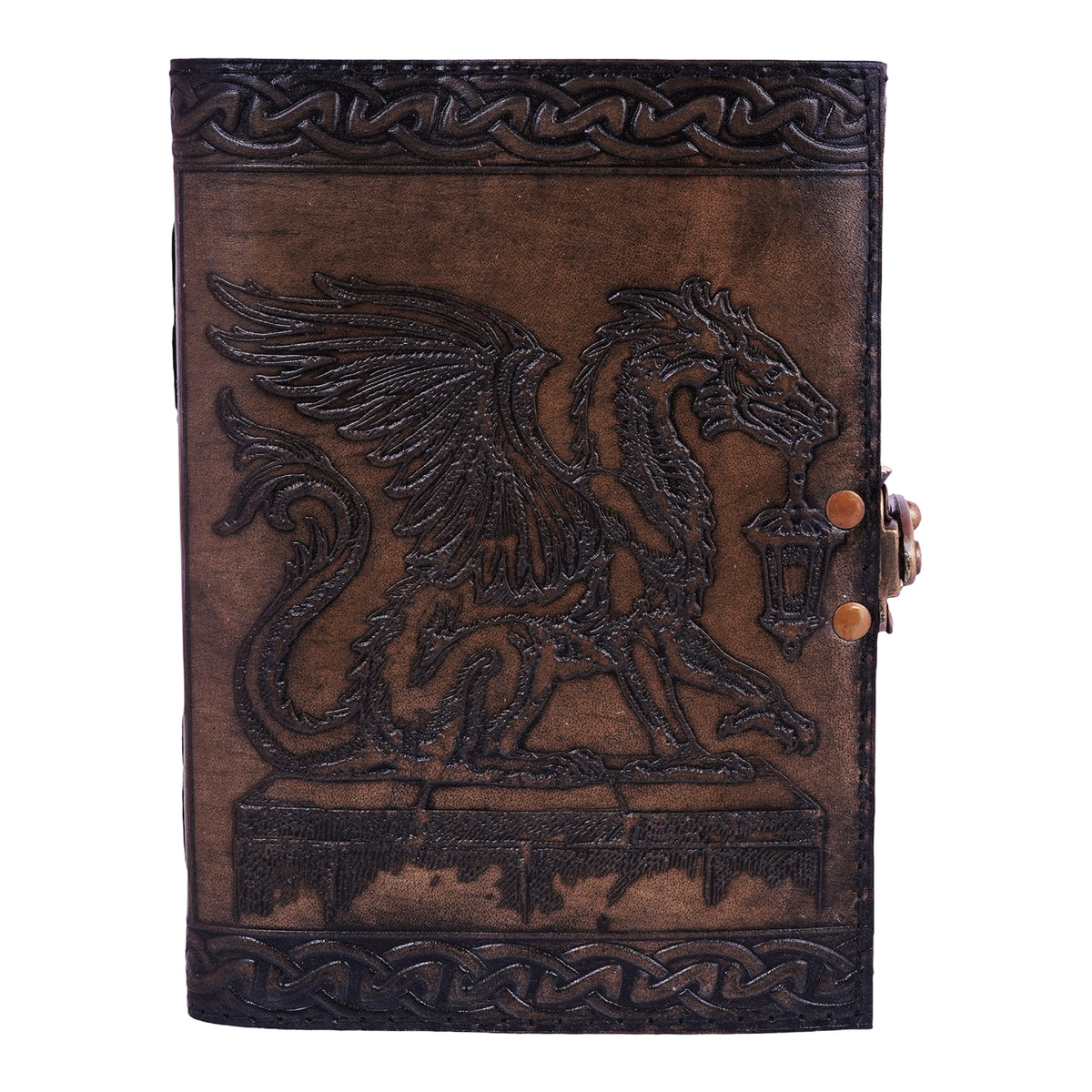 Who Goes There? Dragon Holding Lantern Embossed Leather Journal - 5x7 Handmade Notebook