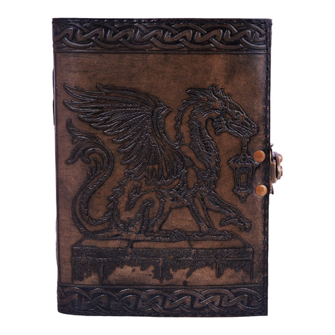 Who Goes There? Dragon Holding Lantern Embossed Leather Journal - 5x7 Handmade Notebook