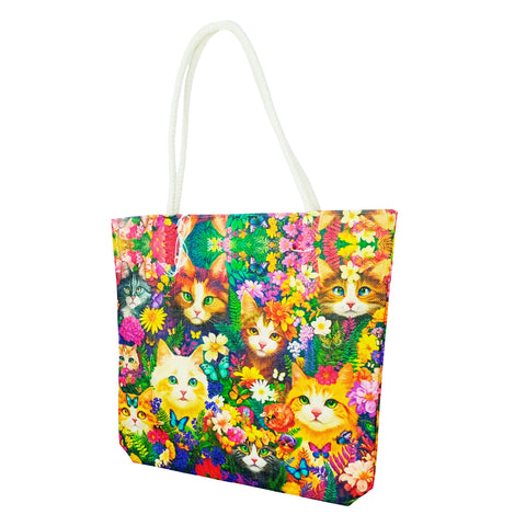 Flower Kitties Jute Tote Bag – 17 x 15 x 4.5 Inch Eco-Friendly Shopping Bag Stylish Cat-Themed Reusable