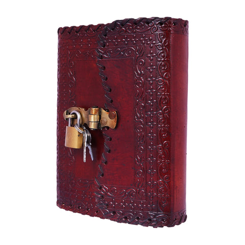 Stitched Lock and Key Embossed Leather Journal – 5 x 7 Inch Multicolor Handmade Leather Notebook with Lock & Key