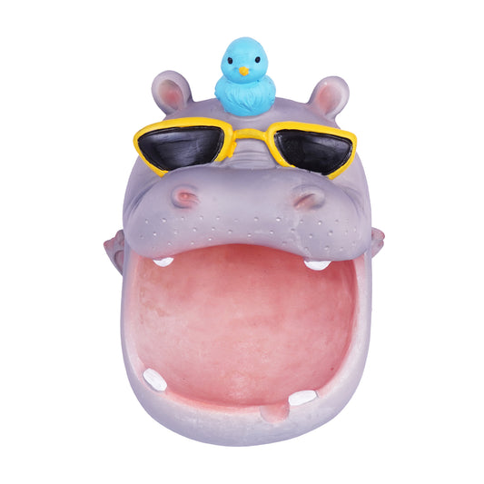 BIG Cool Hippo Ashtray with Bird on Head – 5.5 x 4 x 3.5 Inch Hand-Painted Cold Cast Resin