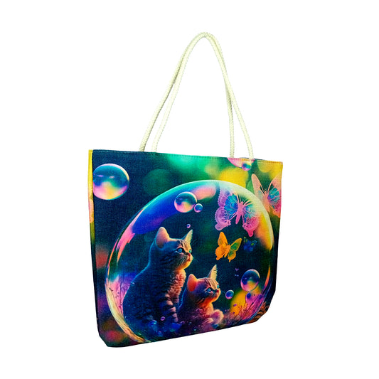 Bubble Kittens Jute Rope-Handled Tote Bag – 17 "x 15" | Eco-Friendly Durable Shopping Tote | Cute Cat Print Shoulder Bag