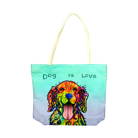 Techno Jute “Dog Is Love” Tote Bag – 15" Eco - Friendly Canvas Shopping Bag with Colorful Art