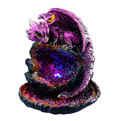 Purple Baby Dragon Backflow Incense Burner LED Geode 6" for Home Décor ,Yoga