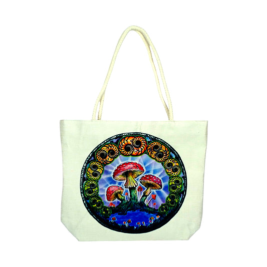 DuBois Mushrooms Design Jute Rope Handled Tote Bag – 16" x 15" x 5" Eco-Friendly Canvas Shopping Bag