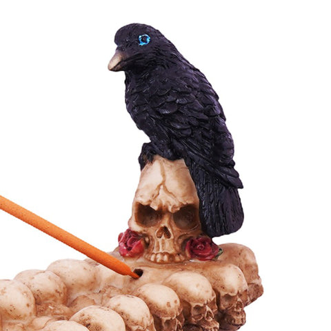 Skull and Raven Incense Burner – 11 Inch Hand-Painted Cold Cast Resin Holder for Stick Incense