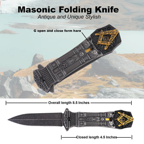 Masonic Folding Knife, Engraved Masonic Logo Expertly Crafted, Symbolic Utility for Masons | Perfect for EDC, & Ceremonial Use with Superior Durability, Iconic Masonic Emblems, Ideal for Collectors (Grey) Trendy Zone 21