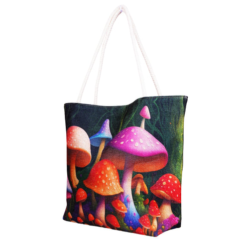 Garden of Mushrooms Jute Tote Bag – 17 x 15 x 4.5 Inch | Eco-Friendly Durable Shopping Shoulder Bag