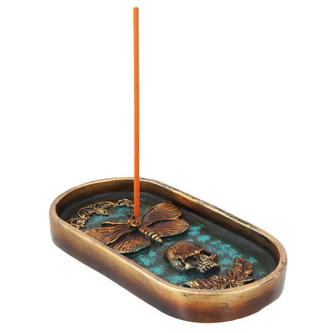 Moth and Skull Incense Burner – 6.5 x 3.5 Inch Hand-Painted Cold Cast Resin Holder