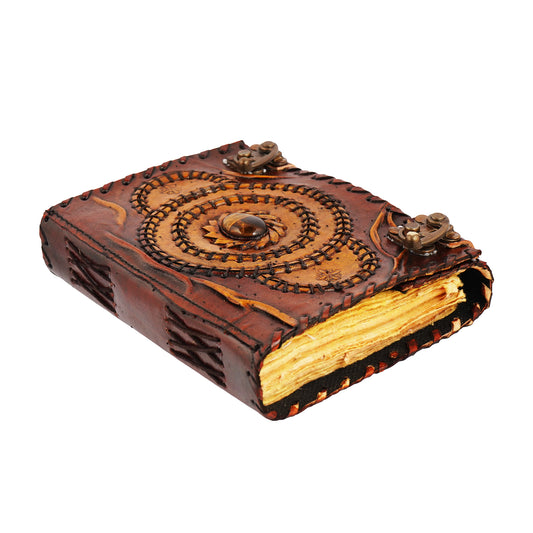 Leather Embossed Journal with Tiger Eye Stone – 5 x 7 Inch Handmade Notebook with Aged Parchment Paper