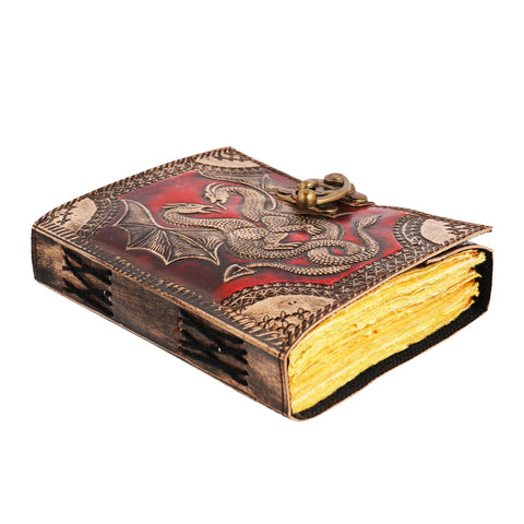 Handmade Red Double Dragon Embossed Leather Journal – 5 x 7 Inch Vintage Notebook with Aged Linen Parchment Paper | Unique Diary for Writing, Notes & Art