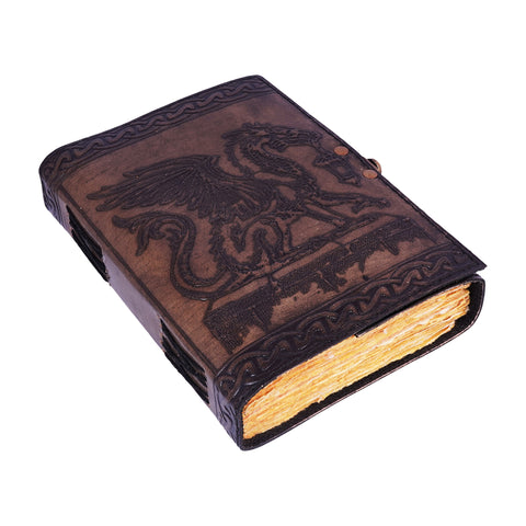 Who Goes There? Dragon Holding Lantern Embossed Leather Journal - 5x7 Handmade Notebook