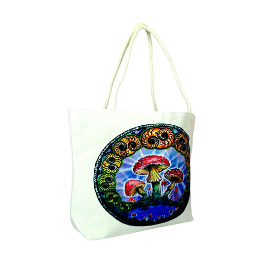 DuBois Mushrooms Design Jute Rope Handled Tote Bag – 16" x 15" x 5" Eco-Friendly Canvas Shopping Bag