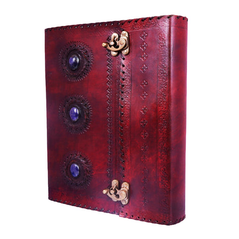 Large Triple Blue Stone Embossed Leather Journal – Handmade Leather-Bound Notebook with Double Swing Clasps