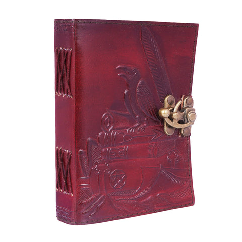 Raven on Books Design Embossed Leather Journal , 5x7 Inch Handmade Notebook