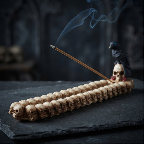 Skull and Raven Incense Burner – 11 Inch Hand-Painted Cold Cast Resin Holder for Stick Incense