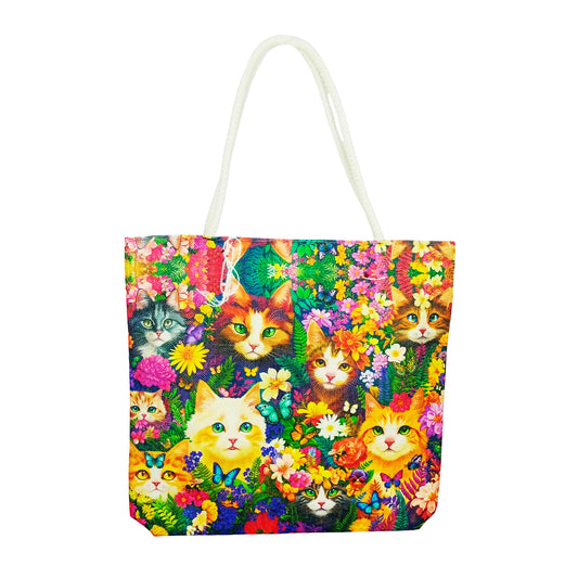 Flower Kitties Jute Tote Bag – 17 x 15 x 4.5 Inch Eco-Friendly Shopping Bag Stylish Cat-Themed Reusable