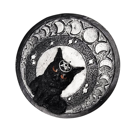 Moon Cat Polyresin Round Incense Burner – 5 Inch Magical Pentagram Design