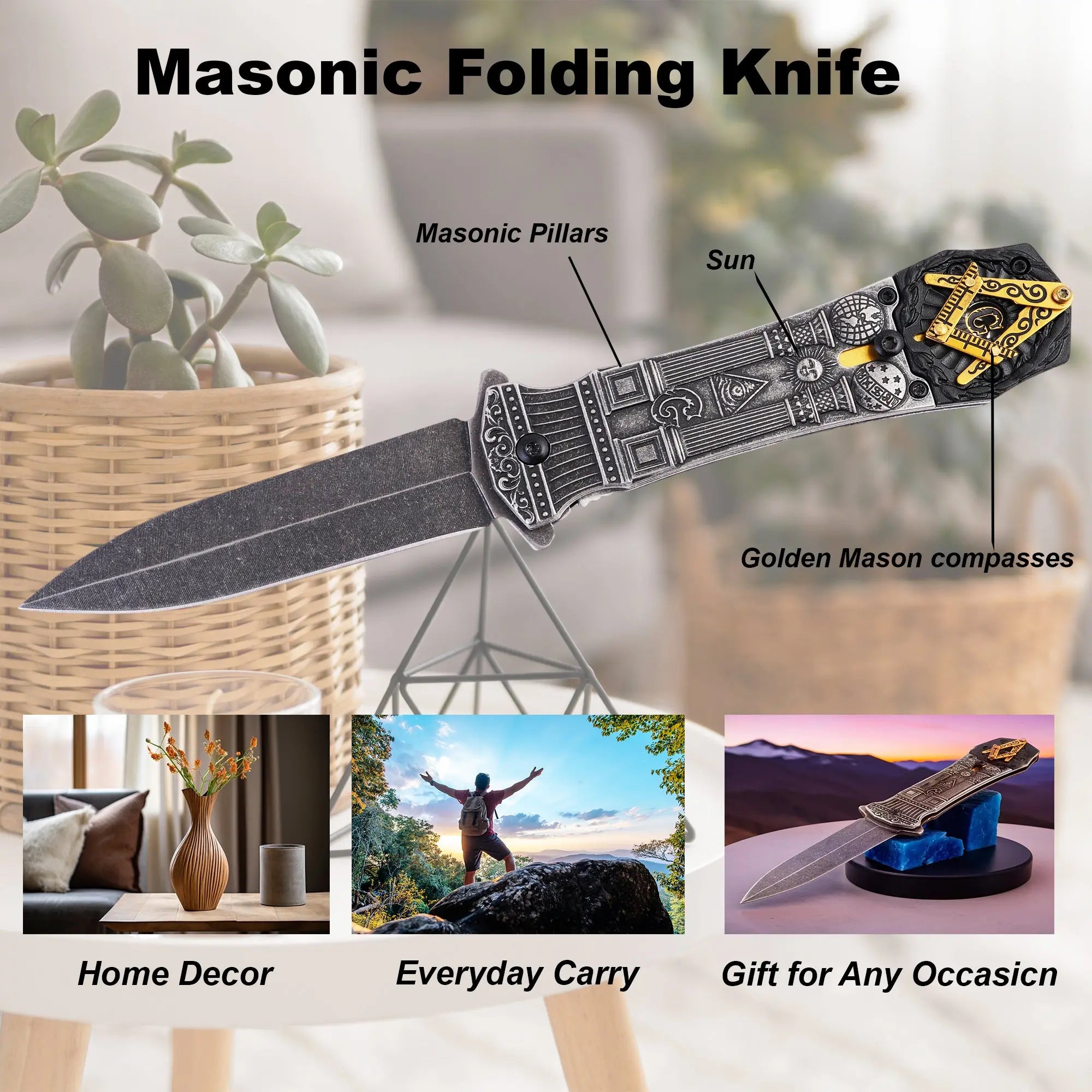 Masonic Folding Knife, Engraved Masonic Logo Expertly Crafted, Symbolic Utility for Masons | Perfect for EDC, & Ceremonial Use with Superior Durability, Iconic Masonic Emblems, Ideal for Collectors (Grey) Trendy Zone 21