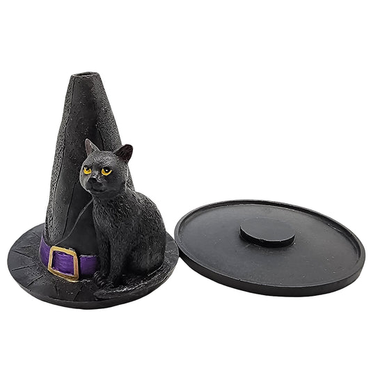 Witch’s Hat with Cat Incense Burner – Hand-Painted Cold Cast Resin Cat Figurine Incense Holder 4 1/2 inches tall
