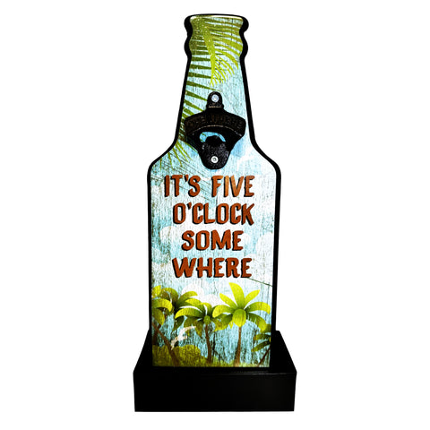 It's Five O'Clock Somewhere" Metal Wall-Mounted Bottle Opener with Cap Catcher