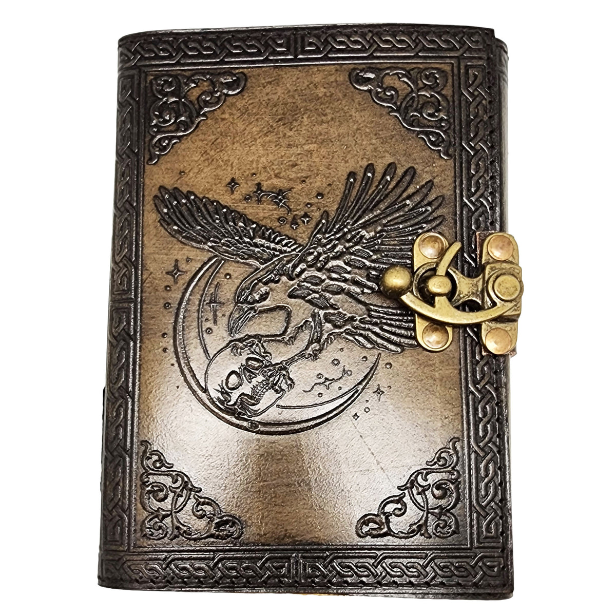 Raven Holding Skull with Moon Embossed Leather Journal – 5 x 7 Inch Gothic Notebook