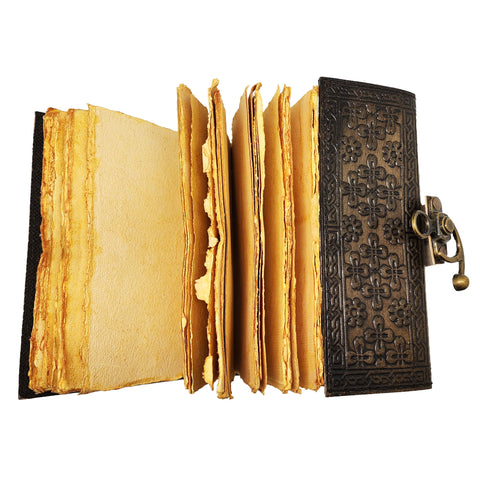 Fairy on Moon Embossed Leather Journal – 5 x 7 Inch Vintage Style Notebook with Aged Handmade Lined Parchment Paper