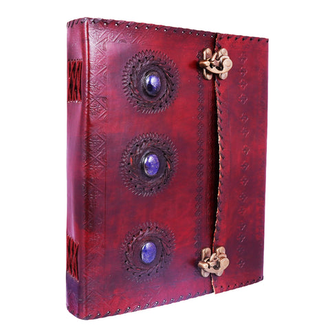 Large Triple Blue Stone Embossed Leather Journal – Handmade Leather-Bound Notebook with Double Swing Clasps