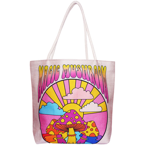 Magic Mushroom Techno Jute Tote Bag 17 x 15 x 4.5 Inch | Eco-Friendly Reusable Shopping Shoulder Bag